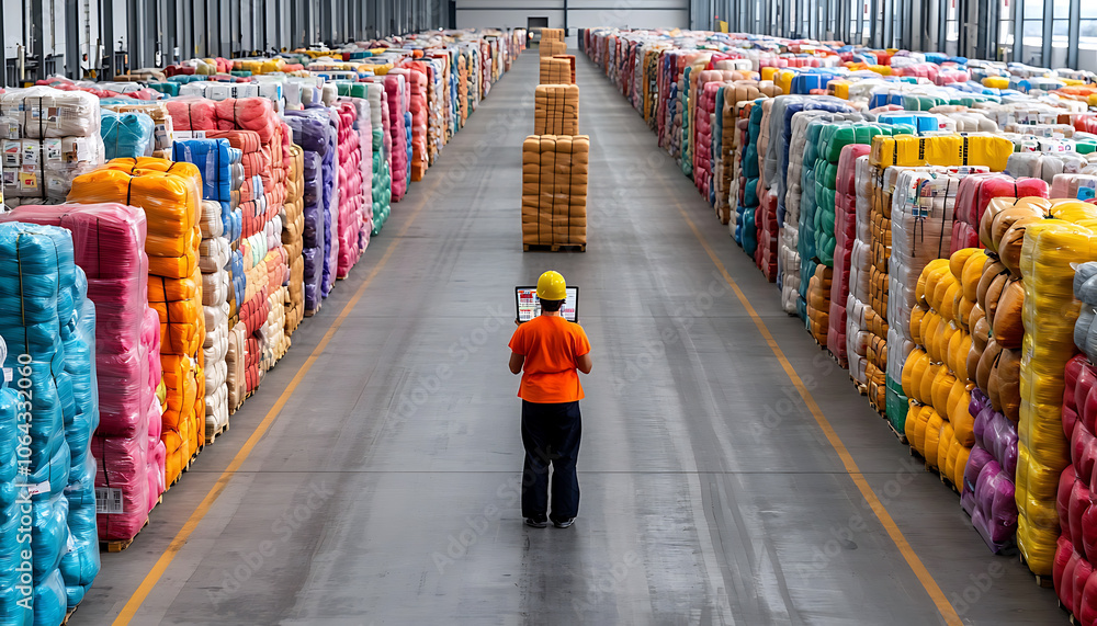 Aufkleber efficient worker scanning barcodes in a massive warehouse to optimize inventory management and logis