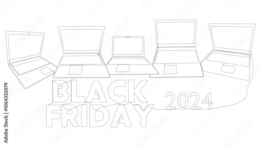 Poster one continuous line of laptop with black friday 2024 text. thin line illustration vector concept. co
