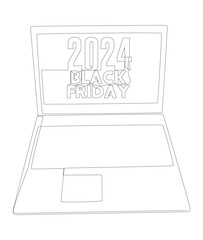 One continuous line of Laptop with Black Friday 2024 text. Thin Line Illustration vector concept. Contour Drawing Creative ideas.