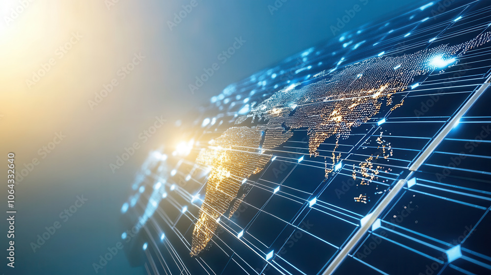 Poster aerial view of digital world map with glowing connections and grids, symbolizing global connectivity