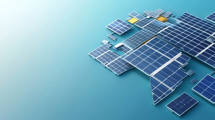 Aerial view of solar panels arranged in world map shape, showcasing renewable energy potential. vibrant blue panels contrast against soft gradient background