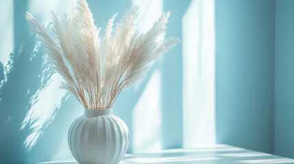 Naklejka premium Stylish white vase with pampas grass, set against a serene blue background, creating a calming and modern home decor atmosphere.