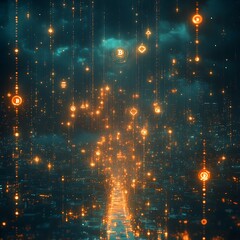 Obraz premium A digital city landscape with glowing orbs falling from the sky.