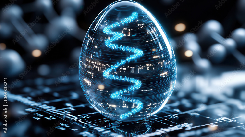 Poster luminous egg shaped structure with glowing spiral design, set against dark background filled with ab