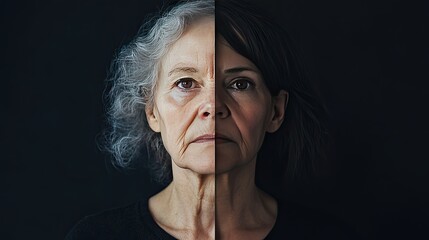 Portrait of Aging and Youth Contrast in Dark Background