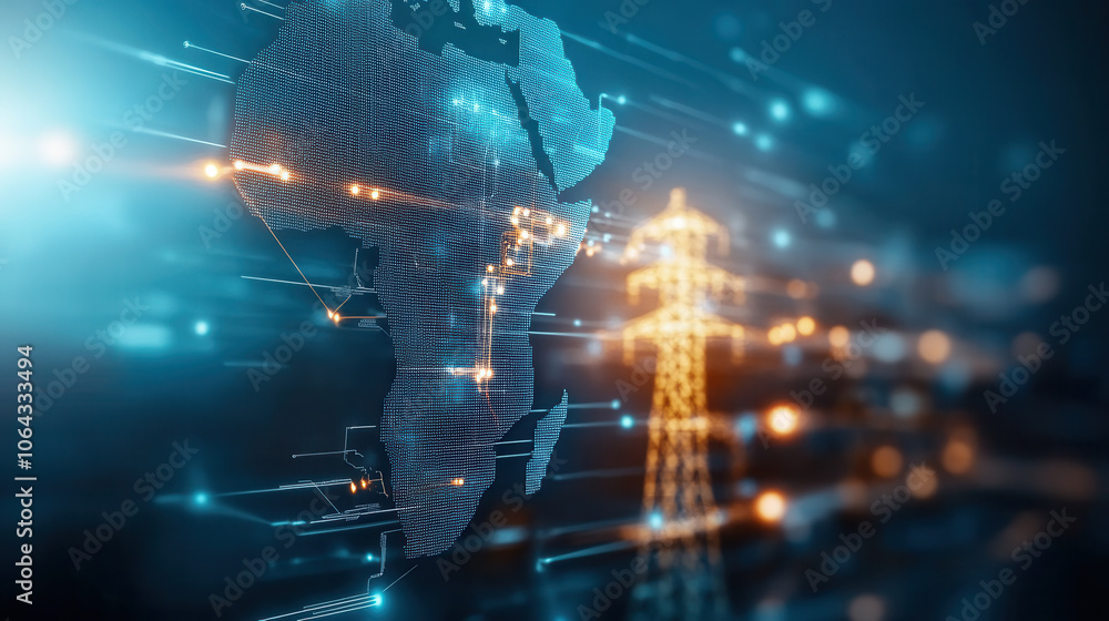 Poster digital representation of africa with energy sources highlighted, showcasing connectivity and techno