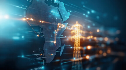 digital representation of Africa with energy sources highlighted, showcasing connectivity and technology. image conveys sense of innovation and progress in energy