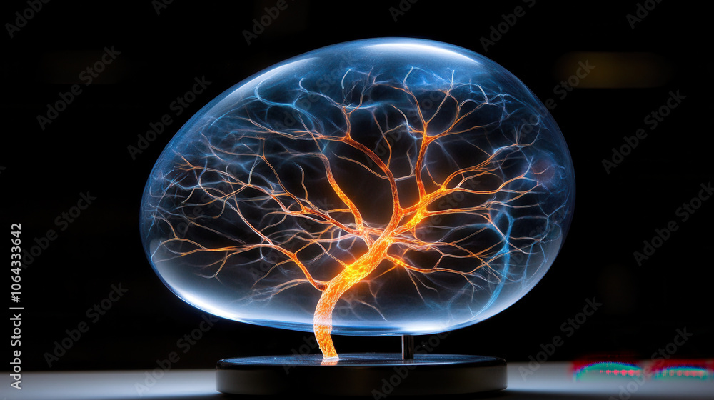 Poster glowing tree structure inside translucent blue egg, symbolizing interconnectedness and life. intrica