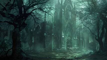 A Gothic Church in a Foggy Forest: An Eerie and Mysterious Scene