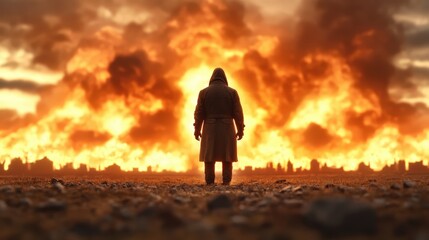 Obraz premium Man in Trench Coat Facing Burning Cityscape Apocalyptic Digital Art