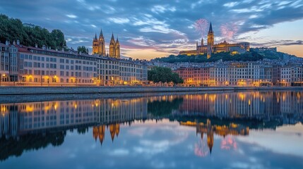 Naklejka premium A picturesque cityscape at dusk with reflections on water and historical architecture.