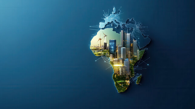 isometric view of Africa outline featuring vibrant cityscape with modern skyscrapers, greenery, and technology elements, symbolizing growth and innovation