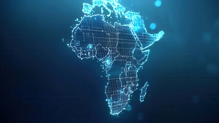 unique aerial perspective of Africa outline, showcasing digital representation with glowing lines and dots. This captivating image highlights continent geographical features