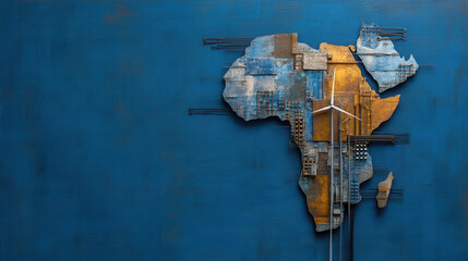 Unique outline of Africa depicted through energy, showcasing vibrant colors and textures. This artwork symbolizes innovation and sustainability in modern context