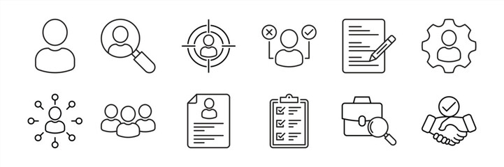 Fototapeta premium set of recruitment thin line icon. containing headhunting, employee, job, hiring, resume, candidate icon collections. vector illustration