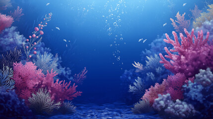 Sparse coral formations against a deep blue background, highlighting vibrant ocean life in a minimal, spacious layout 