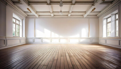 Obraz premium white empty room with shadow window and green plant on white wall luxury background and wooden floor