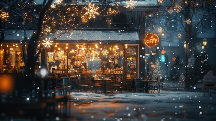 Snowflakes gently fall outside the cozy caf é window, and the warm indoor lights illuminate the surroundings. Create a relaxed and peaceful atmosphere, and create a warm environment.