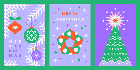 Set of Christmas greeting cards with Christmas tree, wreath and decorations. Winter holiday season. Trendy geometric design in minimalist flat style. Vector illustration for cover, banner, greeting