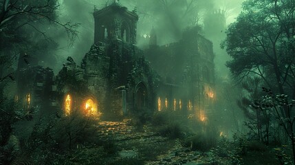 Fototapeta premium Mystical Ruins: A Gothic Church Overgrown in the Forest