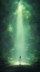 Obraz premium Woman Walking Towards Sunlight Through Lush Jungle Path