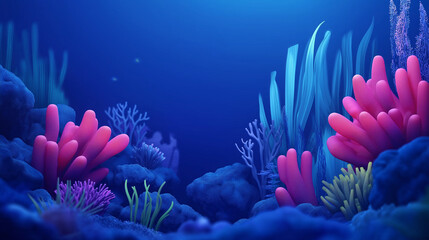 Sparse coral formations against a deep blue background, highlighting vibrant ocean life in a minimal, spacious layout 