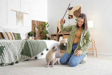 Young woman playing with cute British Shorthair cat in bedroom