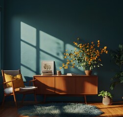 Living Room with Teal Walls and Warm Wooden Accents