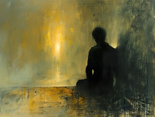 Obraz premium Silhouette of a Figure Contemplating Golden Light - Abstract Painting