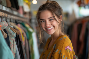 A boutique owner arranging clothing racks in their store
