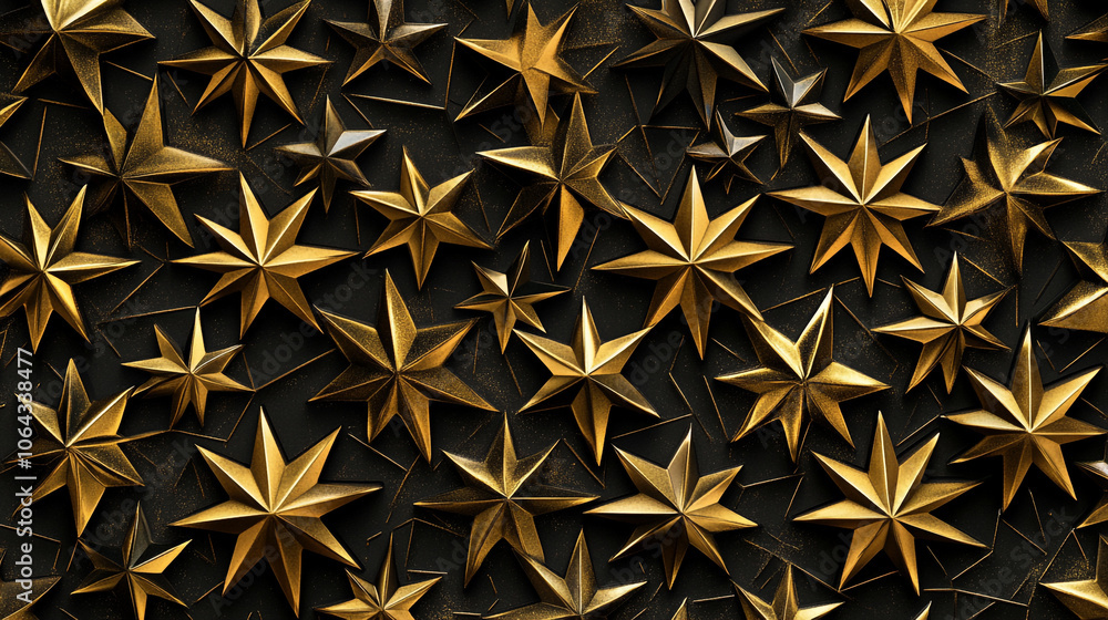 Poster Golden stars arranged in an intricate pattern on a dark background for artistic display