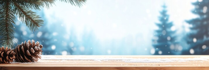 Empty wooden table top against blurred winter landscape with snow and trees. Merry Christmas and Happy New Year. Food stand, mock up or template for product display, promotion, presentation