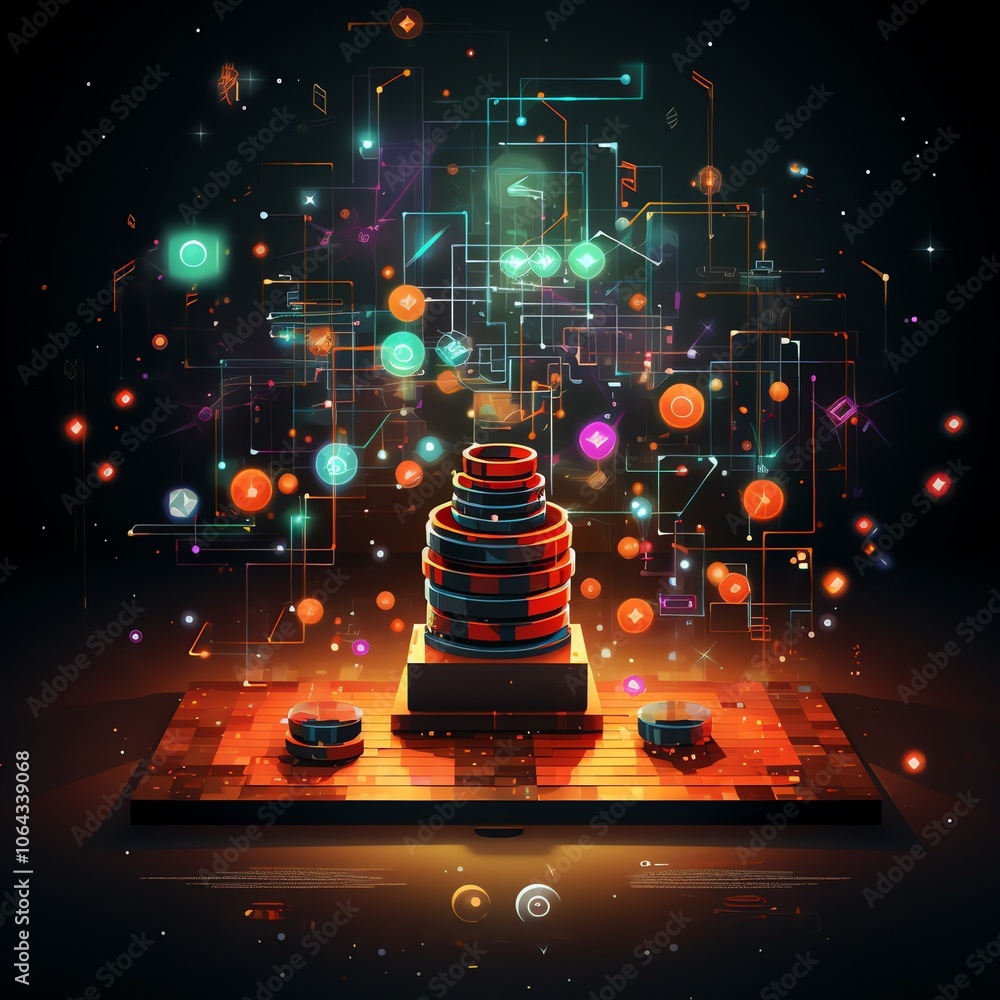Poster a futuristic, glowing, and abstract image of a stack of rings on a pedestal with a digital network a