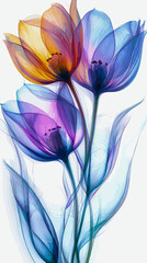 Obraz premium Colorful translucent tulips in a delicate artistic composition displaying light and movement on a white background