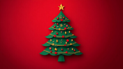 Colorful Christmas tree decoration displayed against a bright red wall during the holiday season