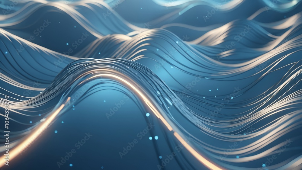 Poster abstract image of glowing white lines with light points on a blue background, depicting a wave patte