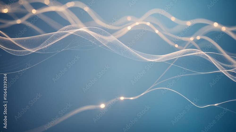 Poster abstract image of glowing white lines with light points on a blue background, depicting a wave patte
