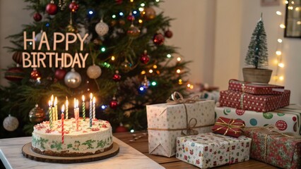 A festive Christmas birthday celebration with a delicious cake, lit candles, presents, and a decorated Christmas tree.
