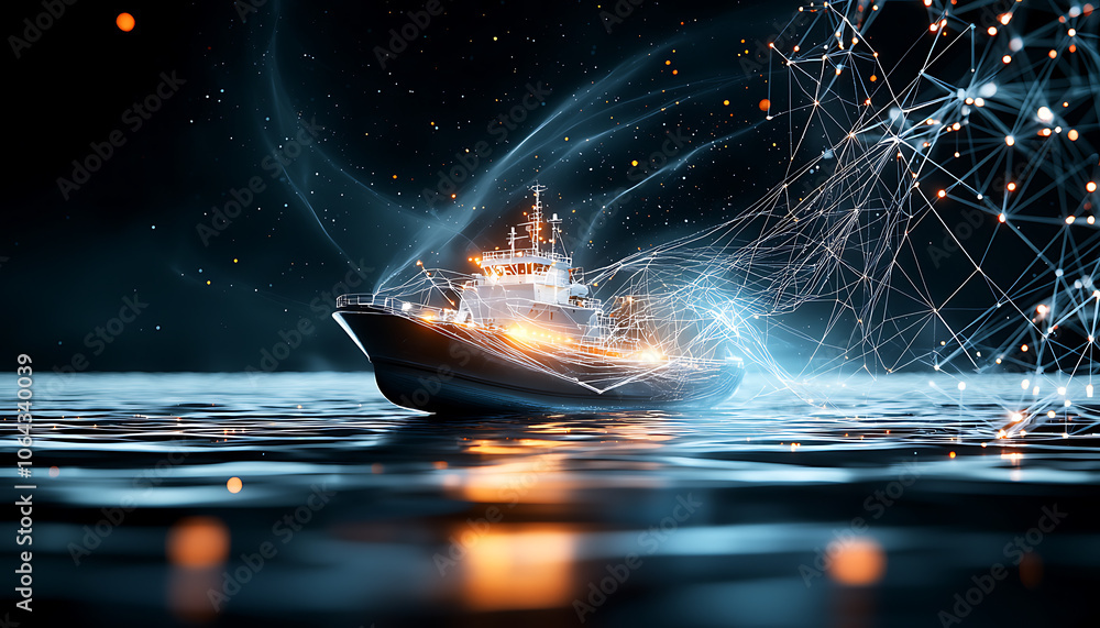 Poster visualize and enhance digital supply chain efficiency with data overlay technology on cargo ships