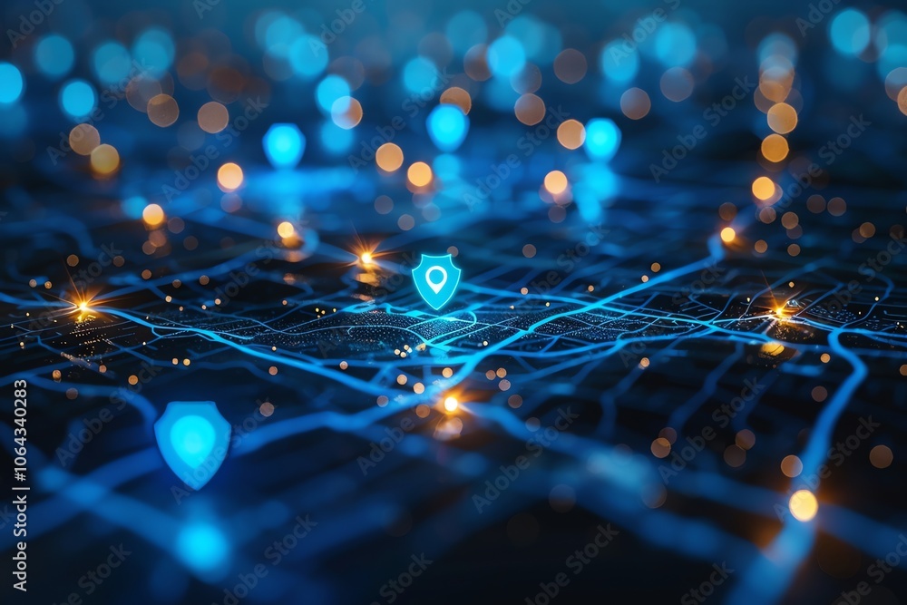 Poster a glowing blue map with a shield and a location pin representing cybersecurity.