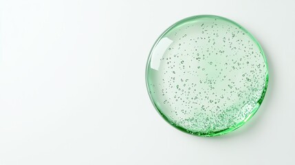 A transparent petri dish filled with a green gelatinous substance and tiny bubbles, sitting against a white isolated background.
