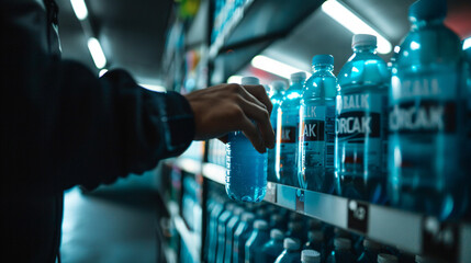 A hand reaching for a blue sports drink on a store shelf, with rows of bottled beverages under bright artificial lighting in a retail setting