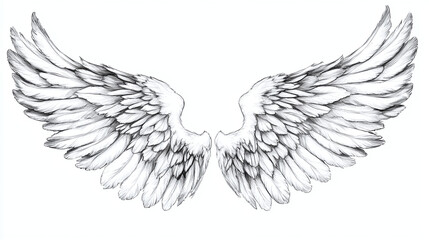 Fototapeta premium Artistic hand-drawn bird and angel wings with feather textures, presented on a white background.