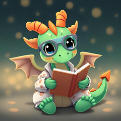 Baby dragon reading a book