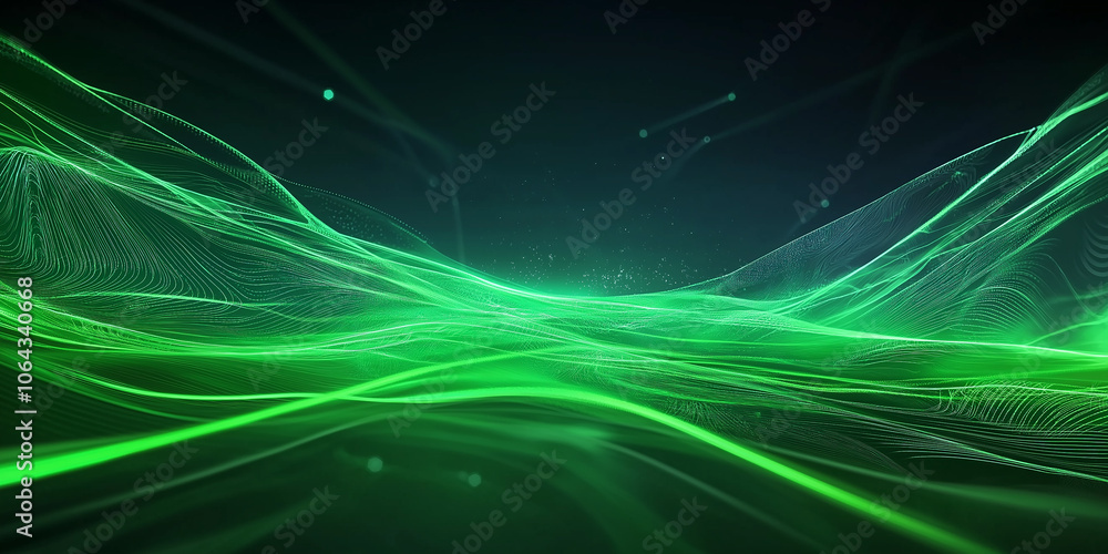 Poster green particles flowing and generating abstract waves on dark background