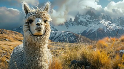 Fototapeta premium A picture of a cute and fluffy glimpse of life in Peru with snowy mountains and llamas.
