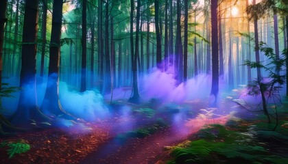 Fototapeta premium A mystical forest path bathed in vibrant neon smoke, evoking a dreamlike atmosphere. The colors dance and swirl, creating an ethereal and enchanting scene.