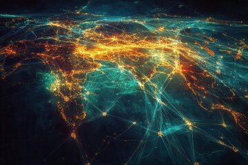Abstract map with pulsing trade routes, visualizing economic policy changes in global networks