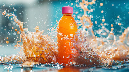 An orange drink bottle surrounded by a dynamic splash, showcasing refreshment and energy with vibrant colors and water droplets