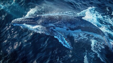 Fototapeta premium A breathtaking image of a majestic blue whale gracefully surfacing from the depths of the ocean, surrounded by the beauty of the natural marine environment.